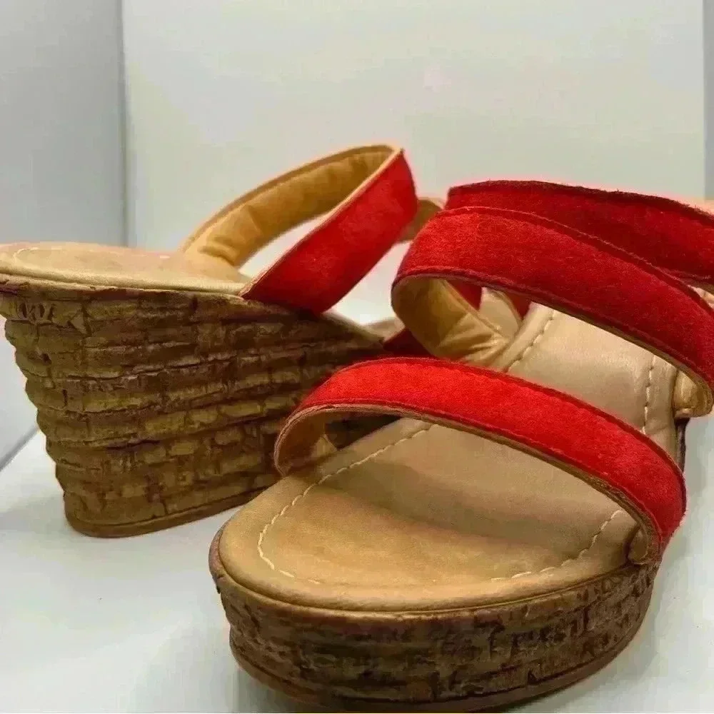 Mariella Beige Slide Wedge‎ Platform Red Straps Women Size 9 SKU #4590